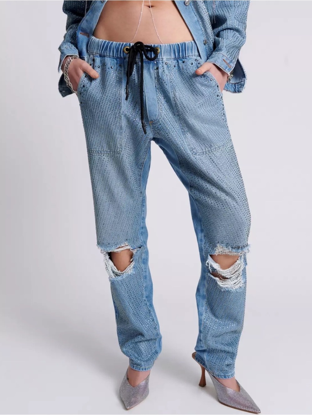 Light Blue Distressed Boyfriend Jeans with Drawstring Waist